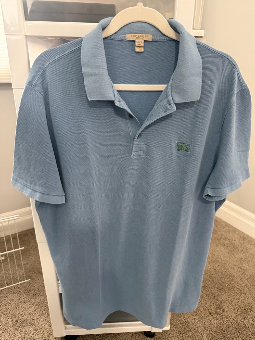 Burberry Men's Polo Shirt in Light Blue with Green Logo